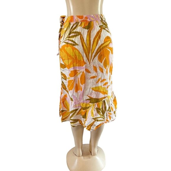 C&C California Floral Linen Midi Trumpet Skirt Wrap Tie Elastic Waist‎ Pockets - Picture 5 of 12